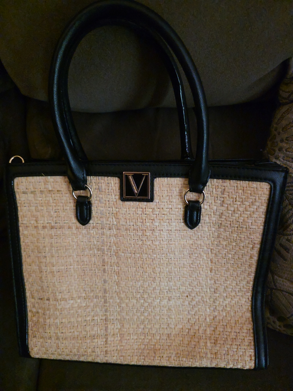 Victoria's Secret Black Trim Natural Woven Tote